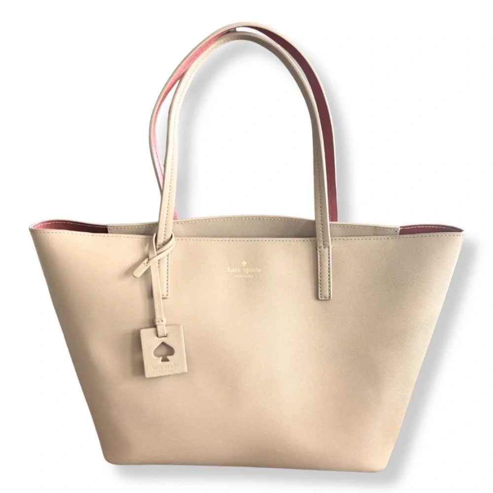 ♠️ Kate Spade New York Saffiano Leather Tote – Beige w/ Red Interior